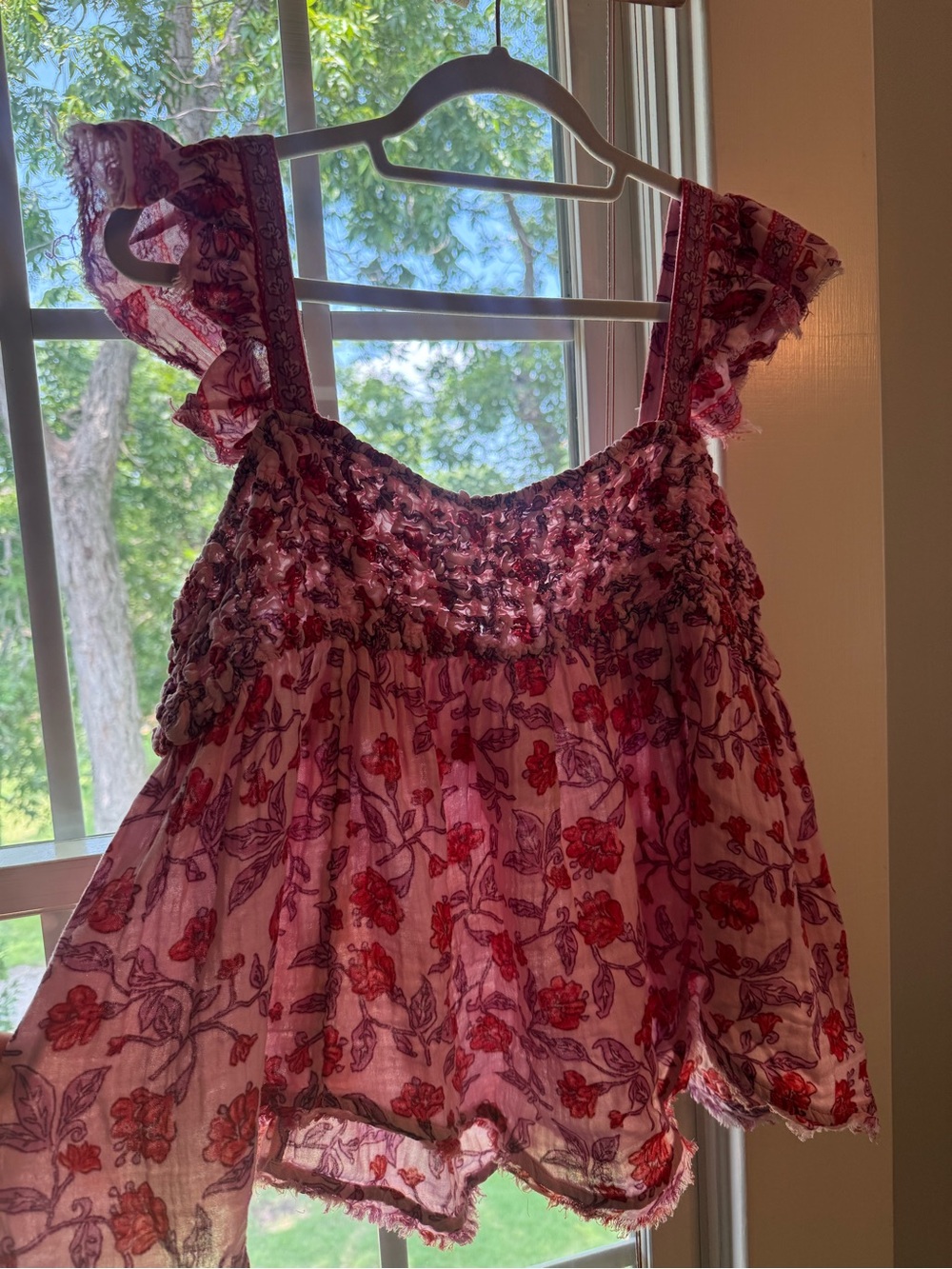 Free People Pink & Red Floral Smocked Ruffle Tank